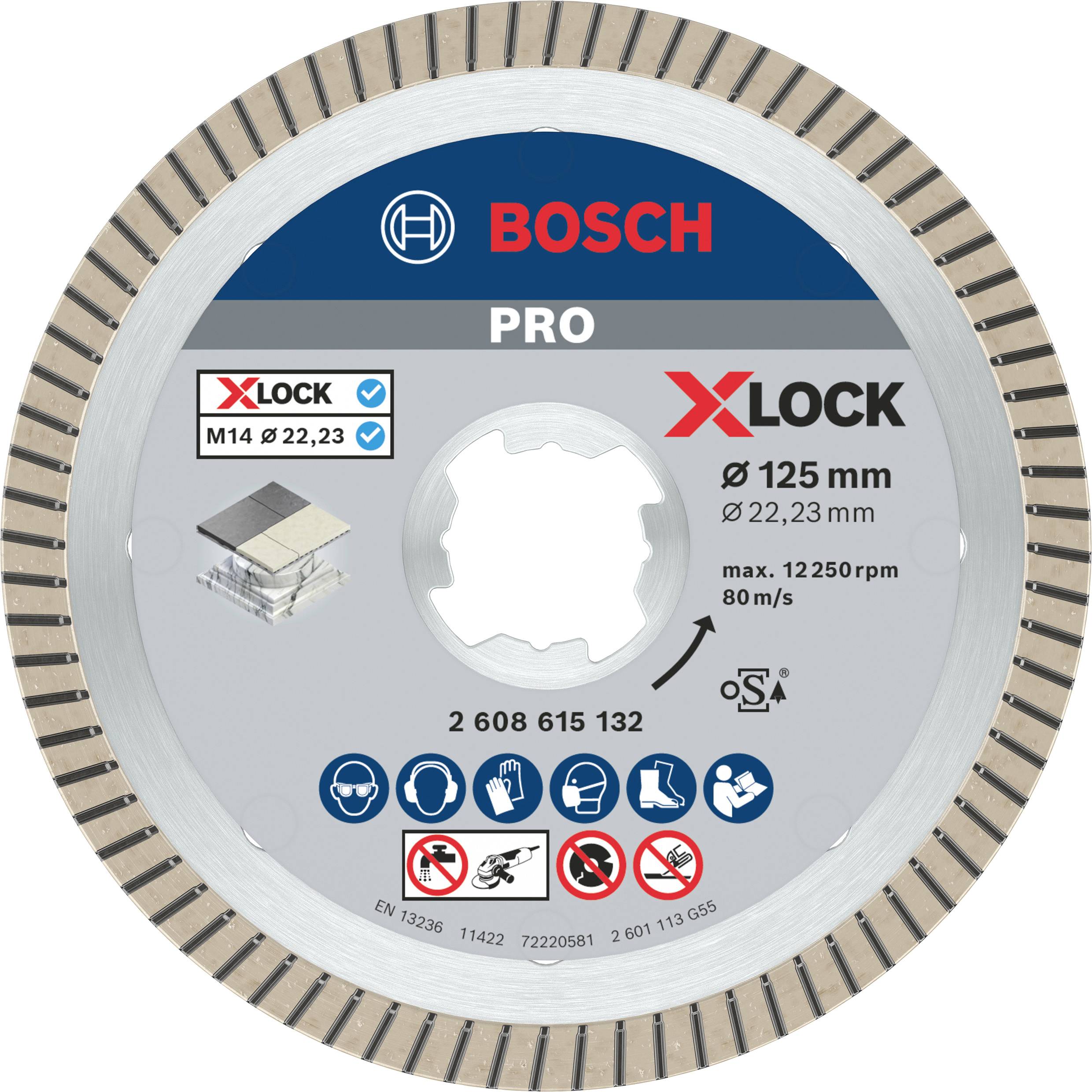 Řezný kotouč Bosch se systémem rychlé výměny X-LOCK. Průměr: 125 mm, max. 12.250 ot./min, M14, upínací otvor 22,23 mm.