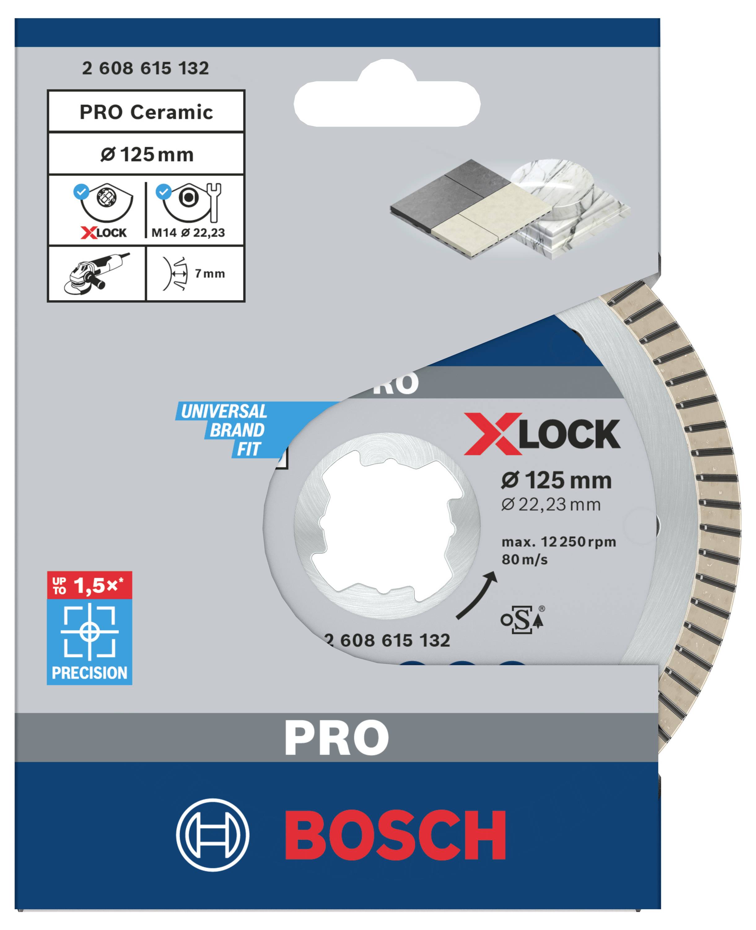 Řezný kotouč 'X-LOCK PRO Ceramic' pro řezání obkladů, Ø 125 mm. Kompatibilní s M14 a M22,23. Max. 12250 ot/min, 80 m/s.