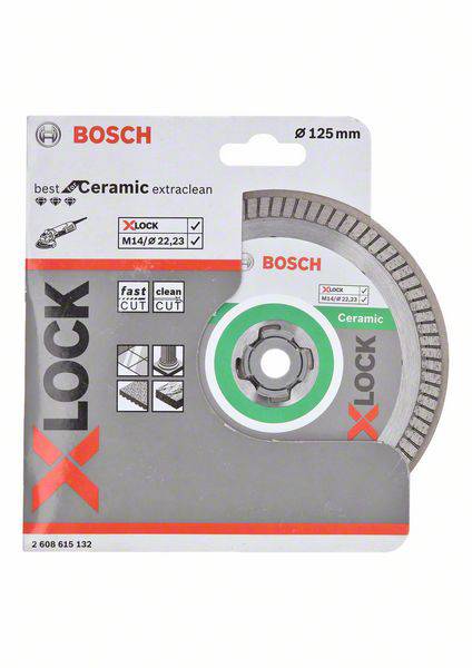 Balení řezného kotouče Bosch X-LOCK s keramickým povrchem o průměru 125 mm, vhodného pro rychlé a čisté řezání keramiky.