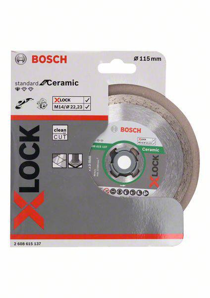 'Bosch X-Lock' keramická řezná kotouč, průměr 115 mm, vhodná pro keramické pracovní postupy, balení zobrazuje logo značky.