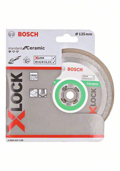 'Bosch X-LOCK' keramický řezný kotouč pro úhlovou brusku, průměr 125 mm, vhodný pro čisté řezy. Grafika obalu zobrazuje detaily produktu.