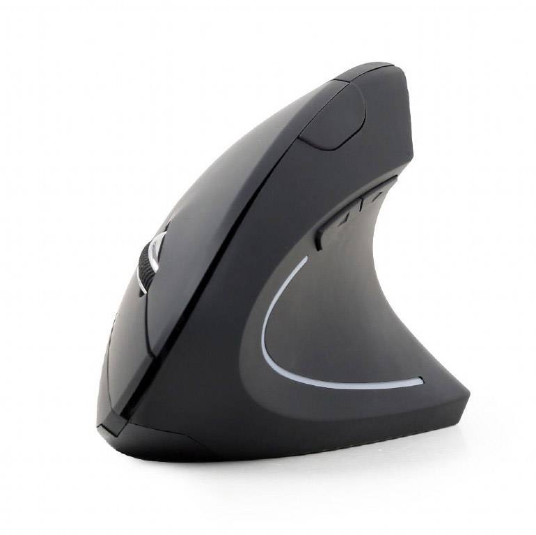Černá ergonomická vertikální počítačová myš s futuristickým designem pro pohodlné ovládání.