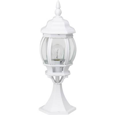 Bílá venkovní lampa s kulatým skleněným tělem, zobrazující vnitřní žárovku. Rustikální design pro osvětlení zahrady nebo terasy.