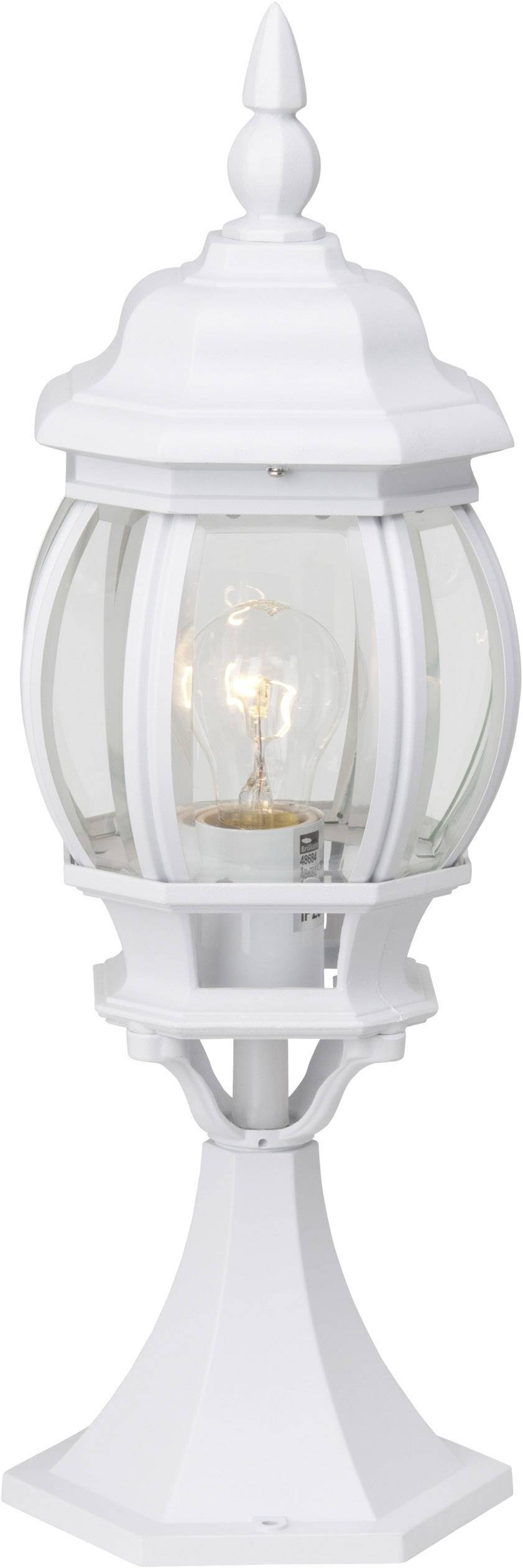 Bílá zahradní lampa se skleněným stínidlem a viditelnou žárovkou, umístěná na podstavci.