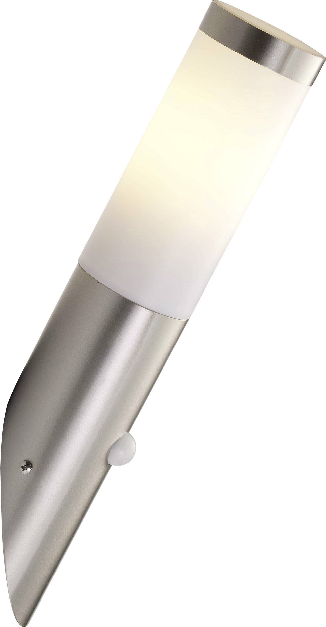 Stříbrná nástěnná lampa s válcovým bílým skleněným difuzorem. Rozptýlené světlo směřující dopředu. Moderní, minimalistický styl.