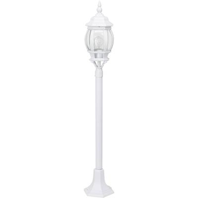 Bílá pouliční lampa s dekorativním stínidlem a čirým sklem, stojící před neutrálním pozadím.