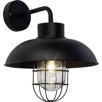 Černá nástěnná lampa v industriálním stylu s kulatým kovovým stínítkem a viditelnou žárovkou v drátěné kleci.