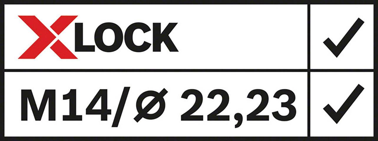 'XLOCK' a 'M14/Ø 22,23' s křížkem v mřížce. Symboly pro kompatibilní systémy zámků nebo nastavení přístrojů.
