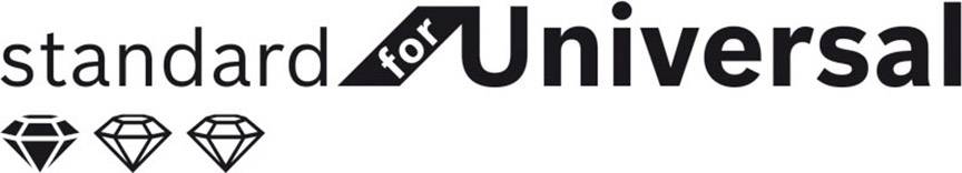 Logo 'Standard for Universal' s třemi diamantovými symboly pod ním.