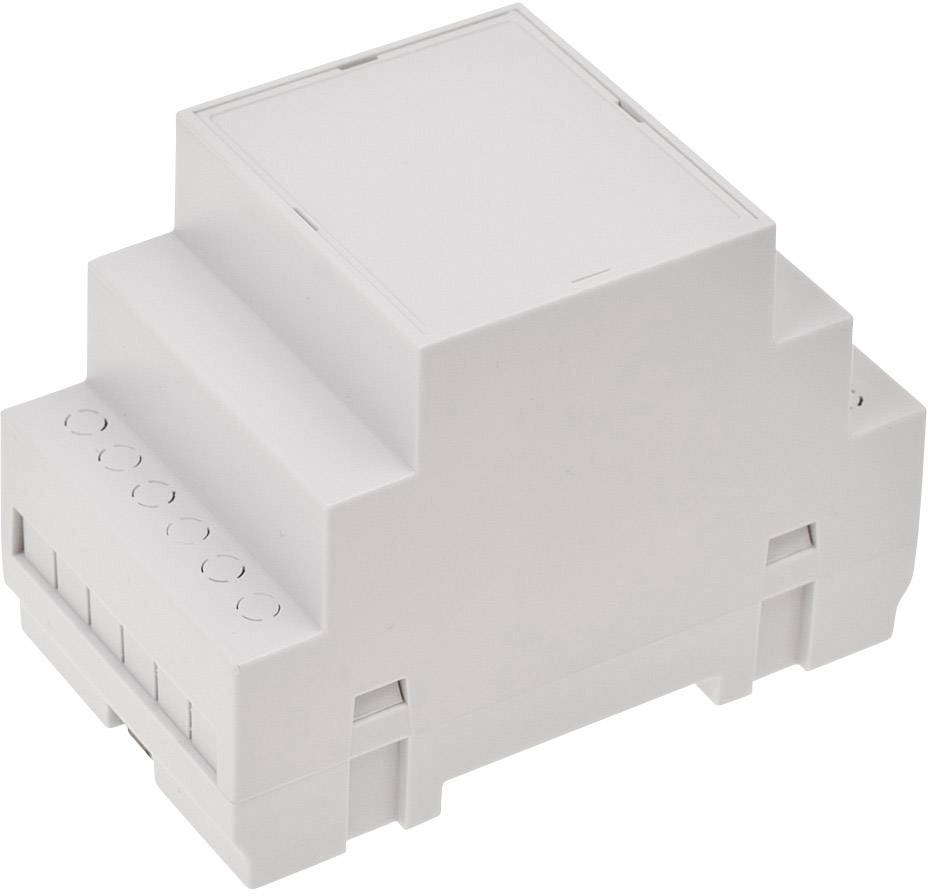Bílé obdélníkové pouzdro, pravděpodobně elektrické nebo elektronické zařízení, s několika bočními otvory.