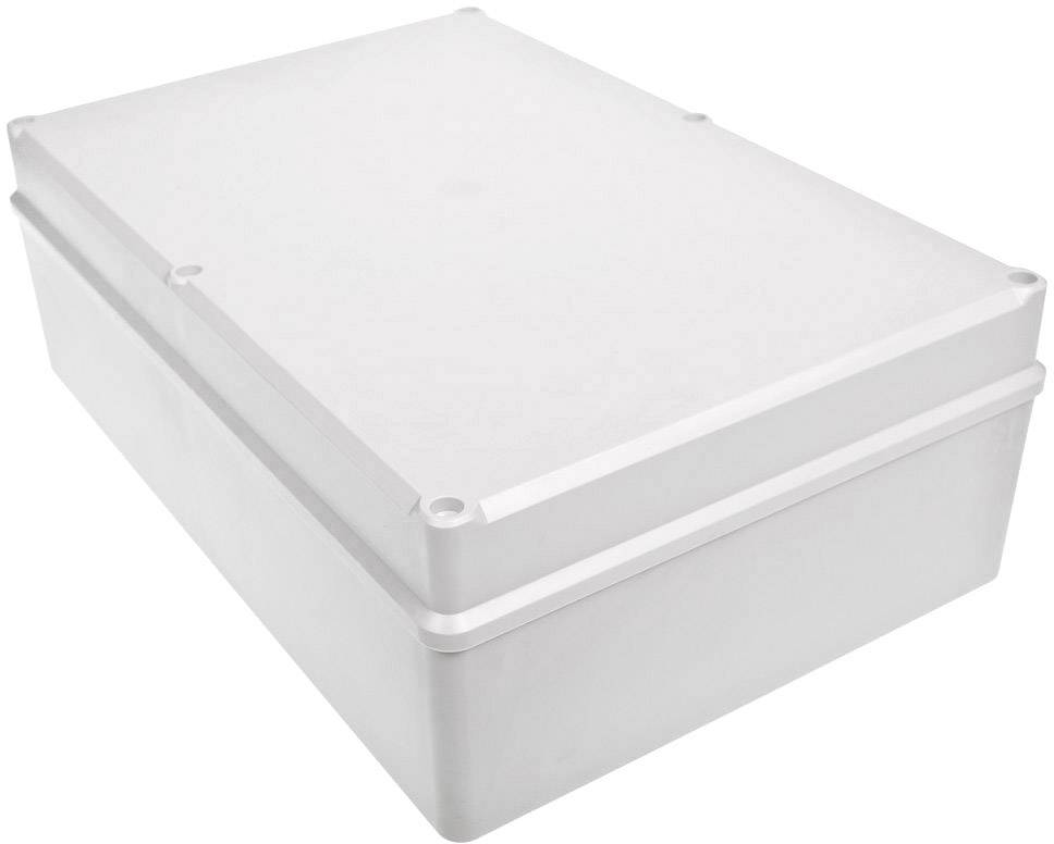 Bílý, obdélníkový plastový box s hladkým víkem, pravděpodobně určený pro elektrické komponenty nebo obecné skladování.