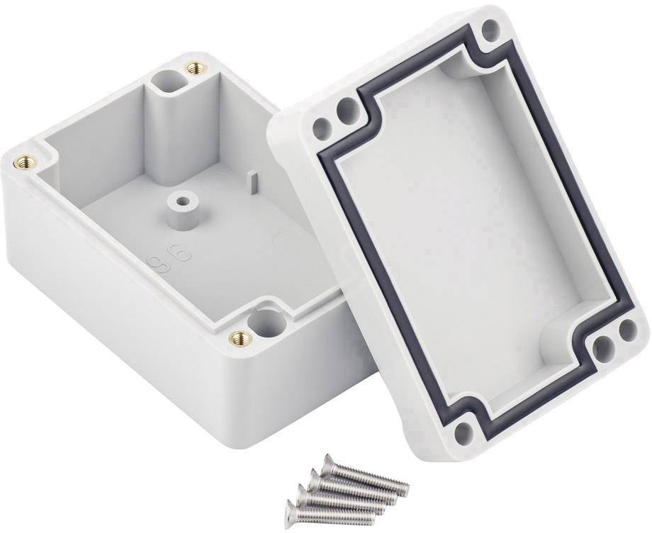 Šedostříbrná plastová rozvodná krabice, otevřená. Obsahuje čtyři šrouby a gumové těsnění ve víku pro utěsnění. Vhodná pro elektronické instalace.