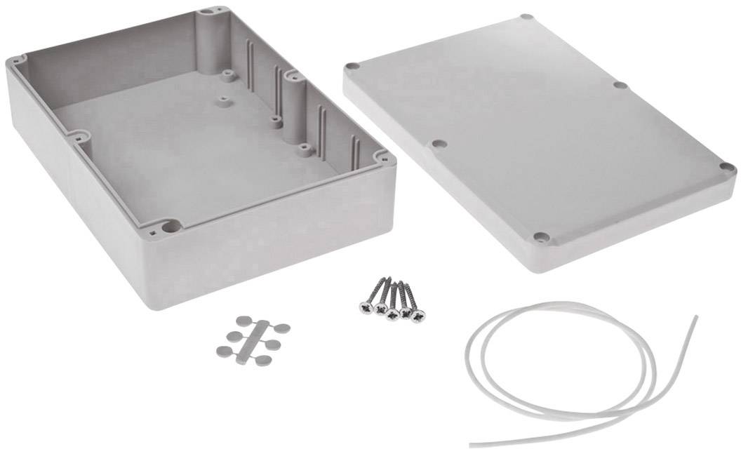 Plastový stavebnicový box s odnímatelným víkem, šrouby, kabely a těsněními. Ideální pro elektronické projekty a montáž.
