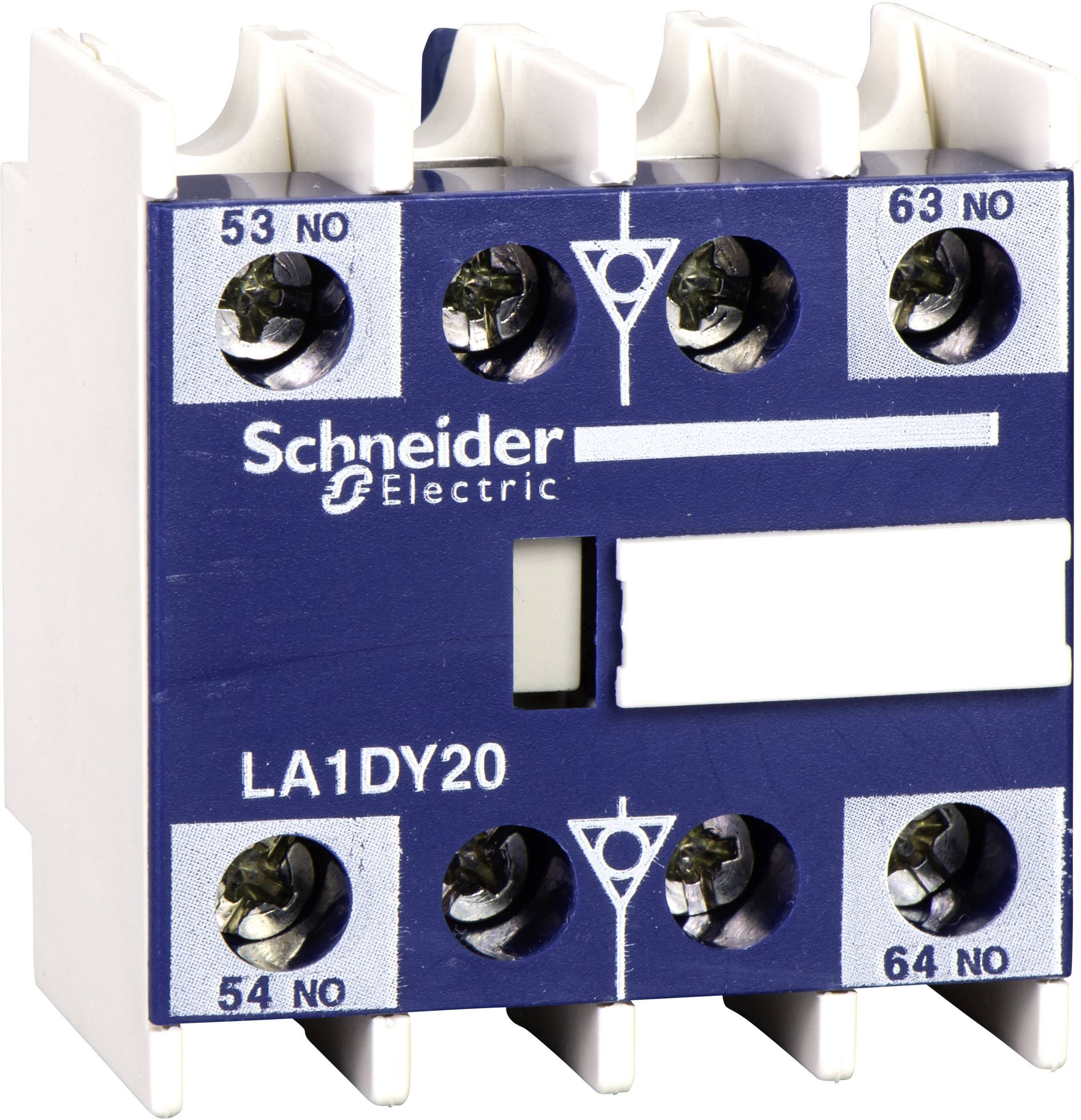 Modrý elektrický spínací kontakt s nápisem 'Schneider Electric', modelové číslo 'LA1DY20', s popisem svorek.