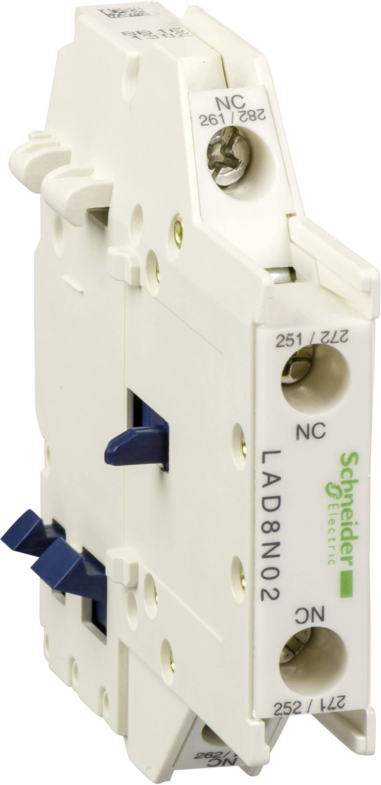 Bílé spínací zařízení od společnosti Schneider Electric s modrými pákami a několika elektrickými přípojkami.