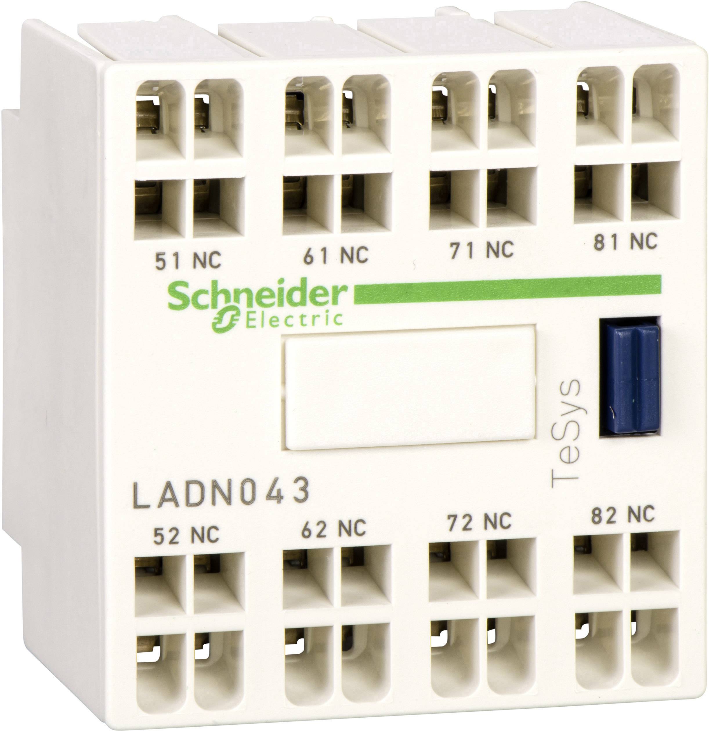 Elektrická komponenta od společnosti Schneider Electric, model LADN043. Zobrazuje připojovací svorky označené jako 'NC' a 'NO' pro elektrické zapojení.