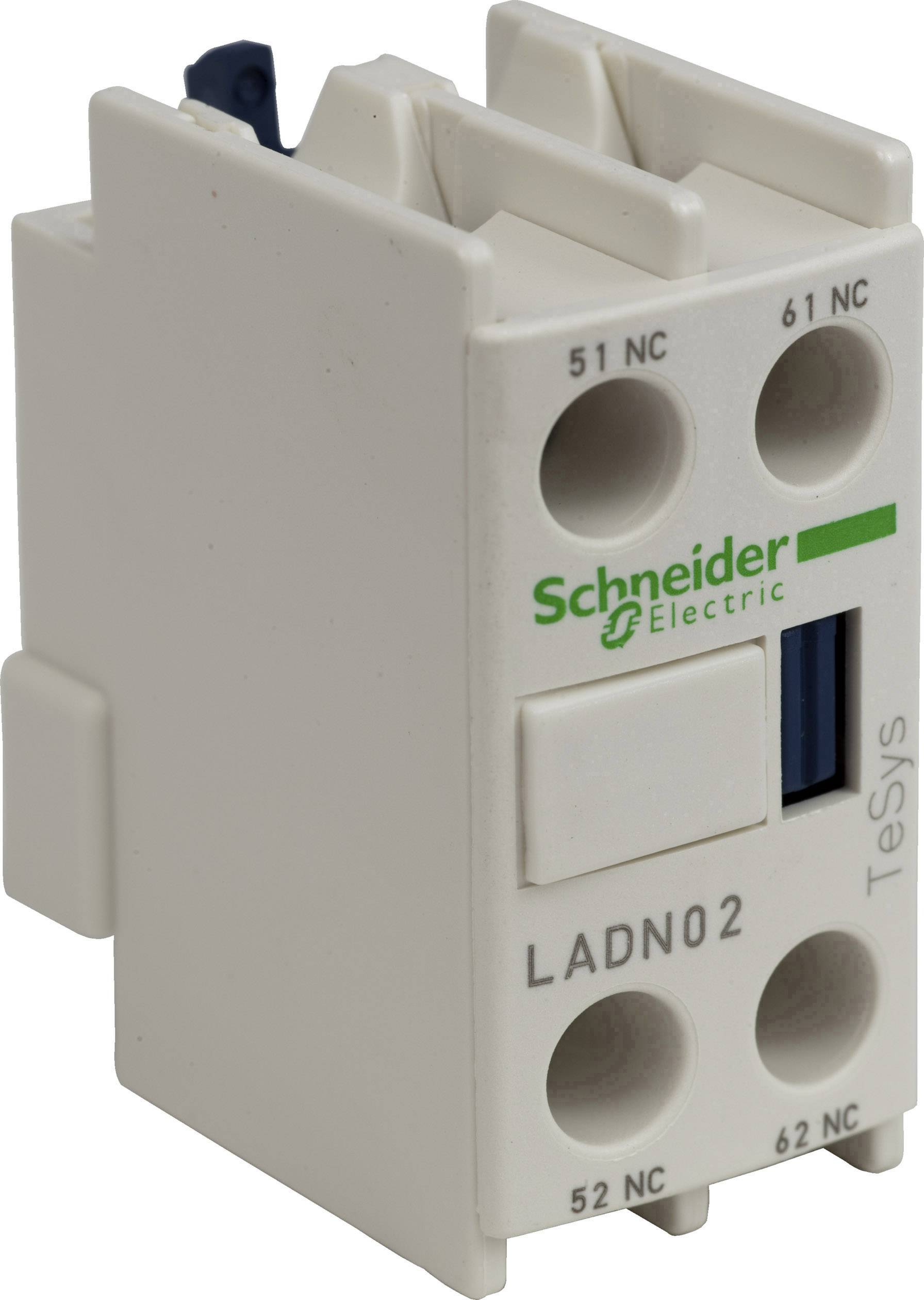 Spínací zařízení Schütz od Schneider Electric, model TeSys LADN02, zobrazující pohled zepředu s elektrickými svorkovnicemi a firemním logem.