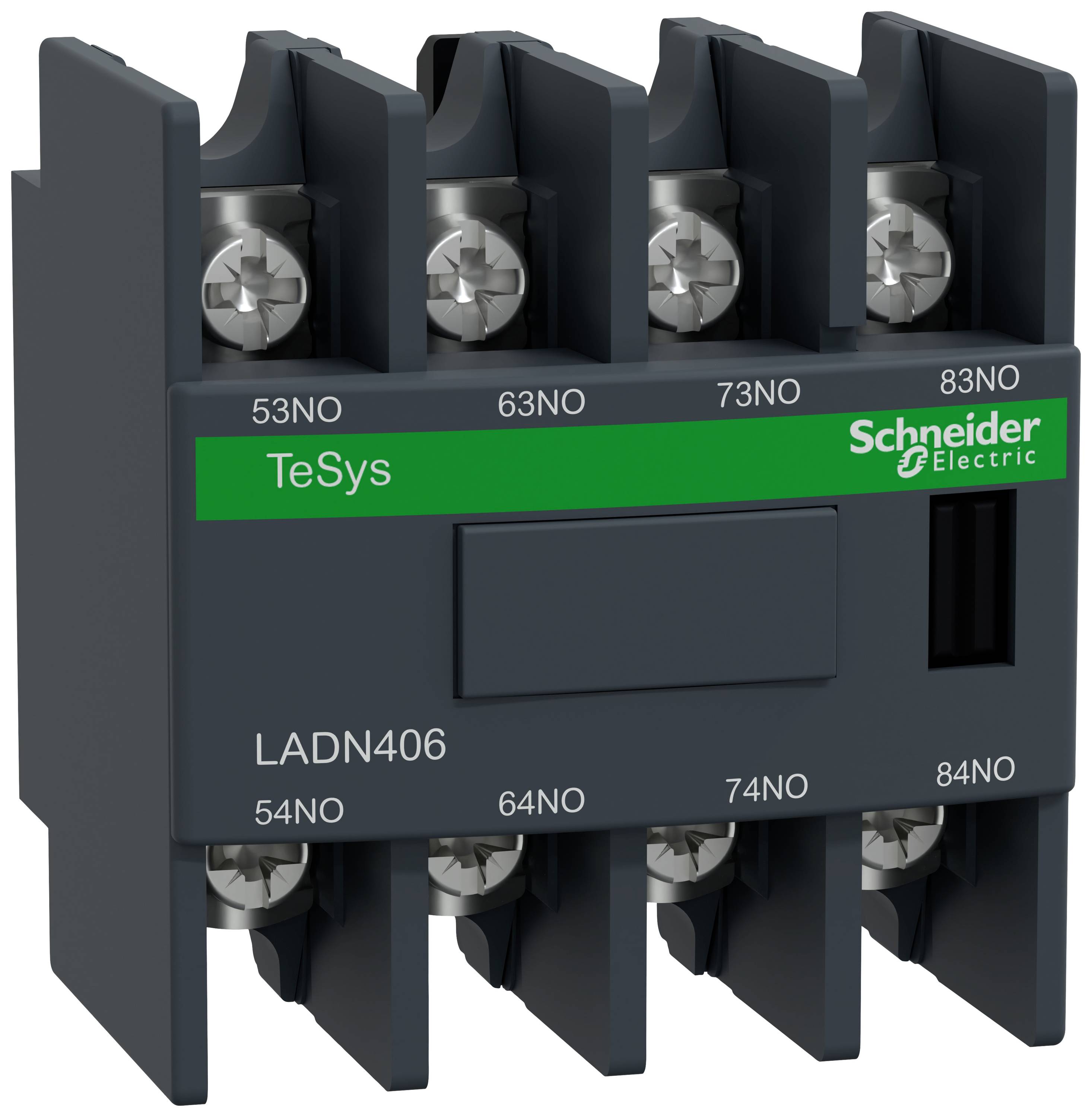'Schneider Electric TeSys L+ kontaktní blok se 4 NO a 2 NC kontakty, vhodný pro řídicí aplikace. Model LADN406.'