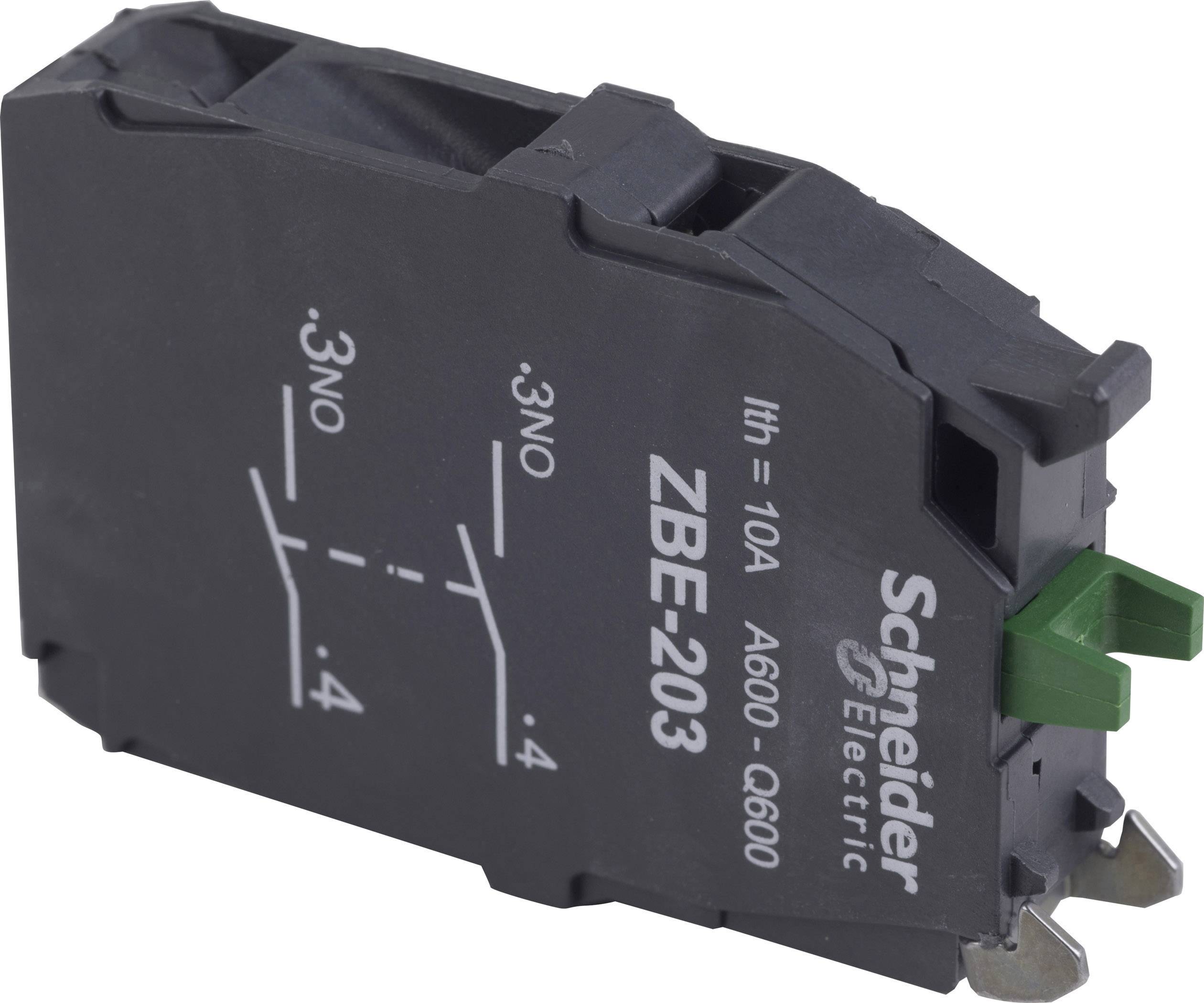 Černý spínací blok se logem 'Schneider Electric', model 'ZBE-203', vhodný pro 10A, specifikace A600 - Q600.