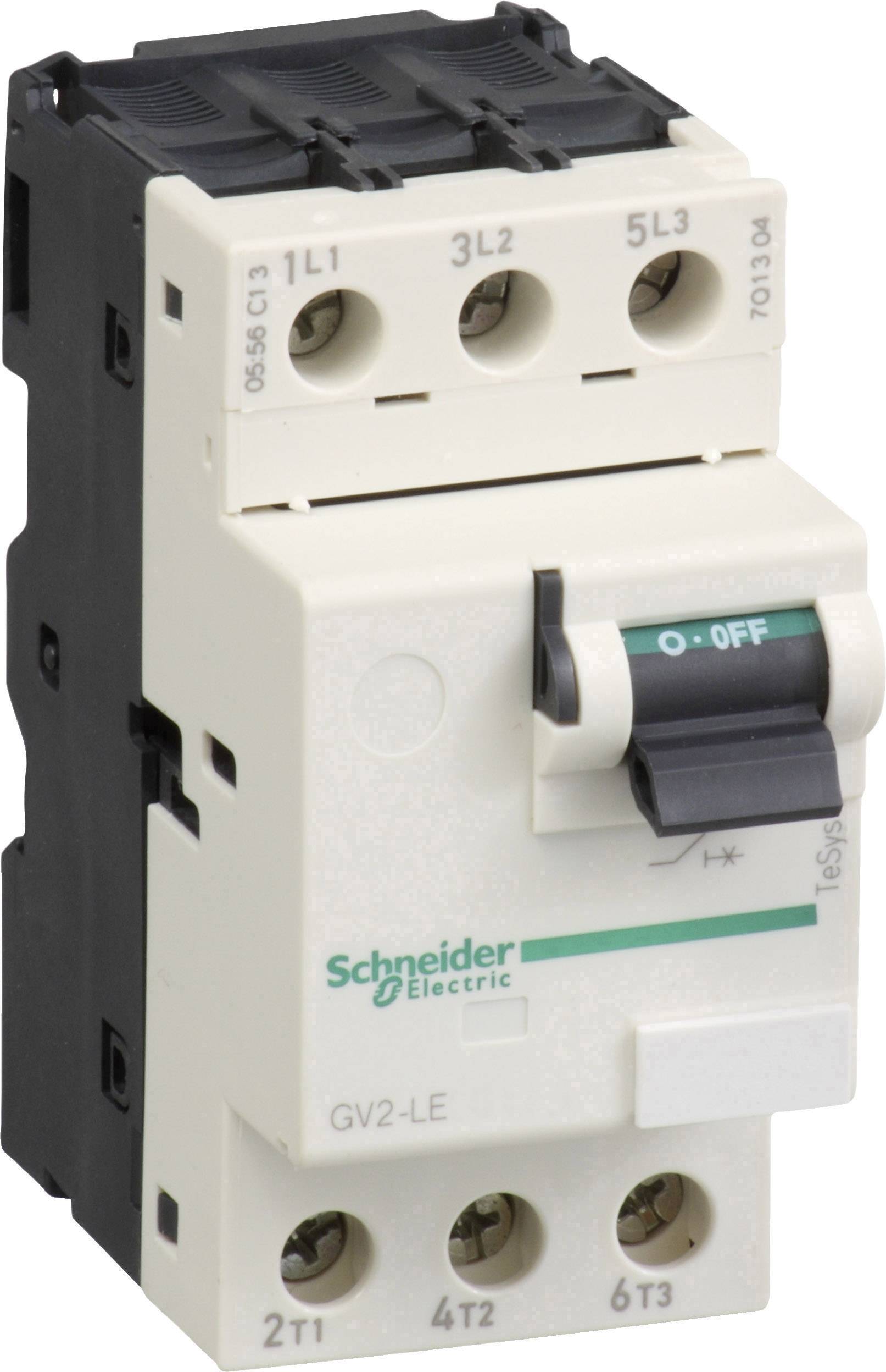 Třípólový spínač od Schneider Electric, označený jako vypínač zapnuto/vypnuto s modelovým číslem GV2-LE, určený pro průmyslové stroje.
