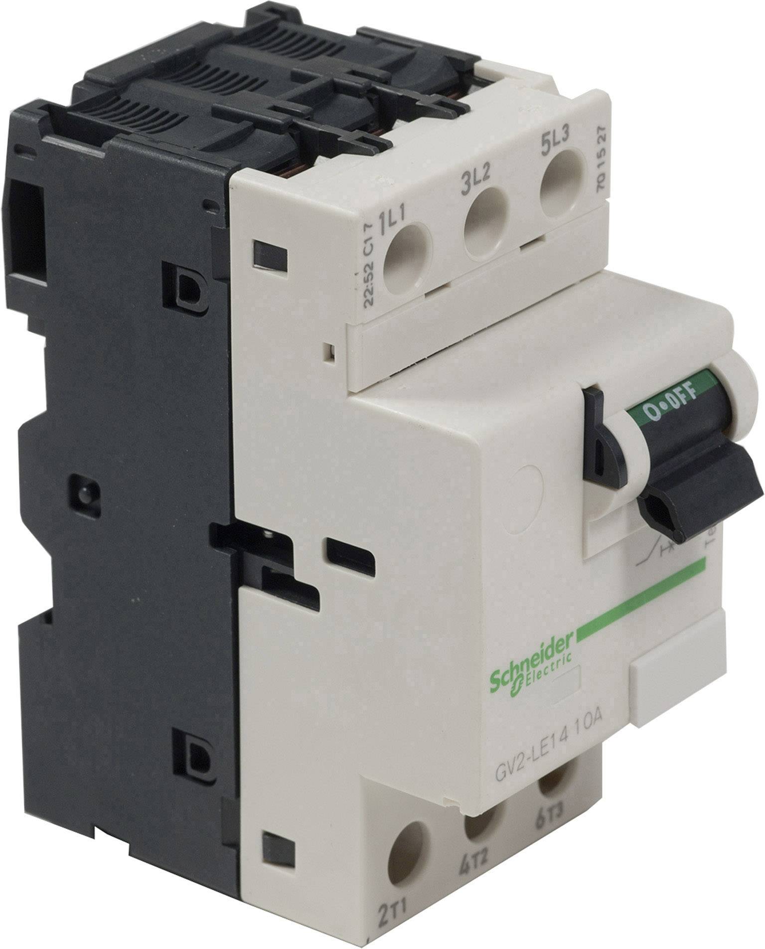 Bílý a černý výkonový spínač od Schneider Electric s několika připojovacími svorkami a zeleným spínačem 'O-I' nahoře.