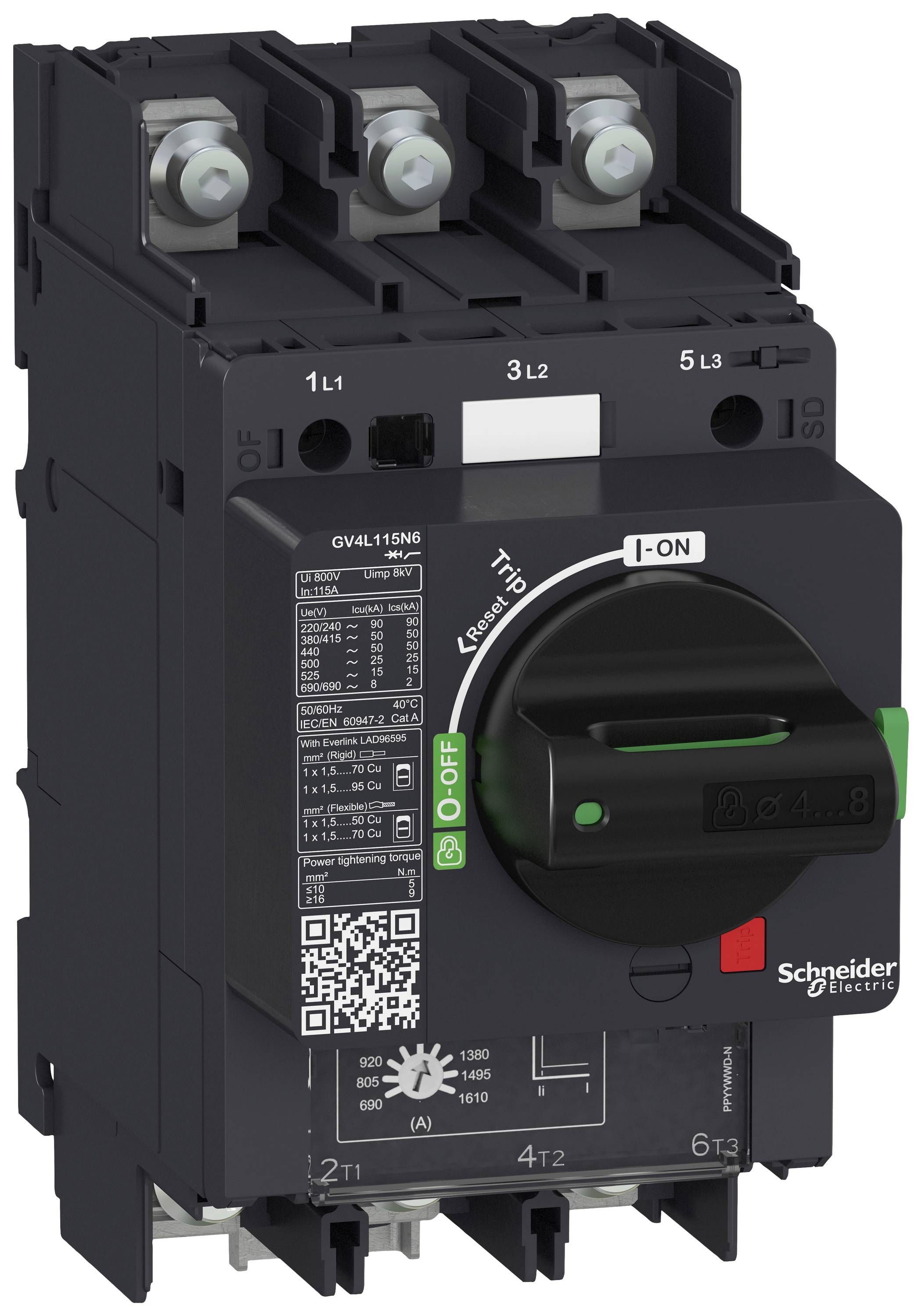 Jistič značky Schneider Electric v poloze 'ZAP'. Je černý s zelenými a bílými popisky.