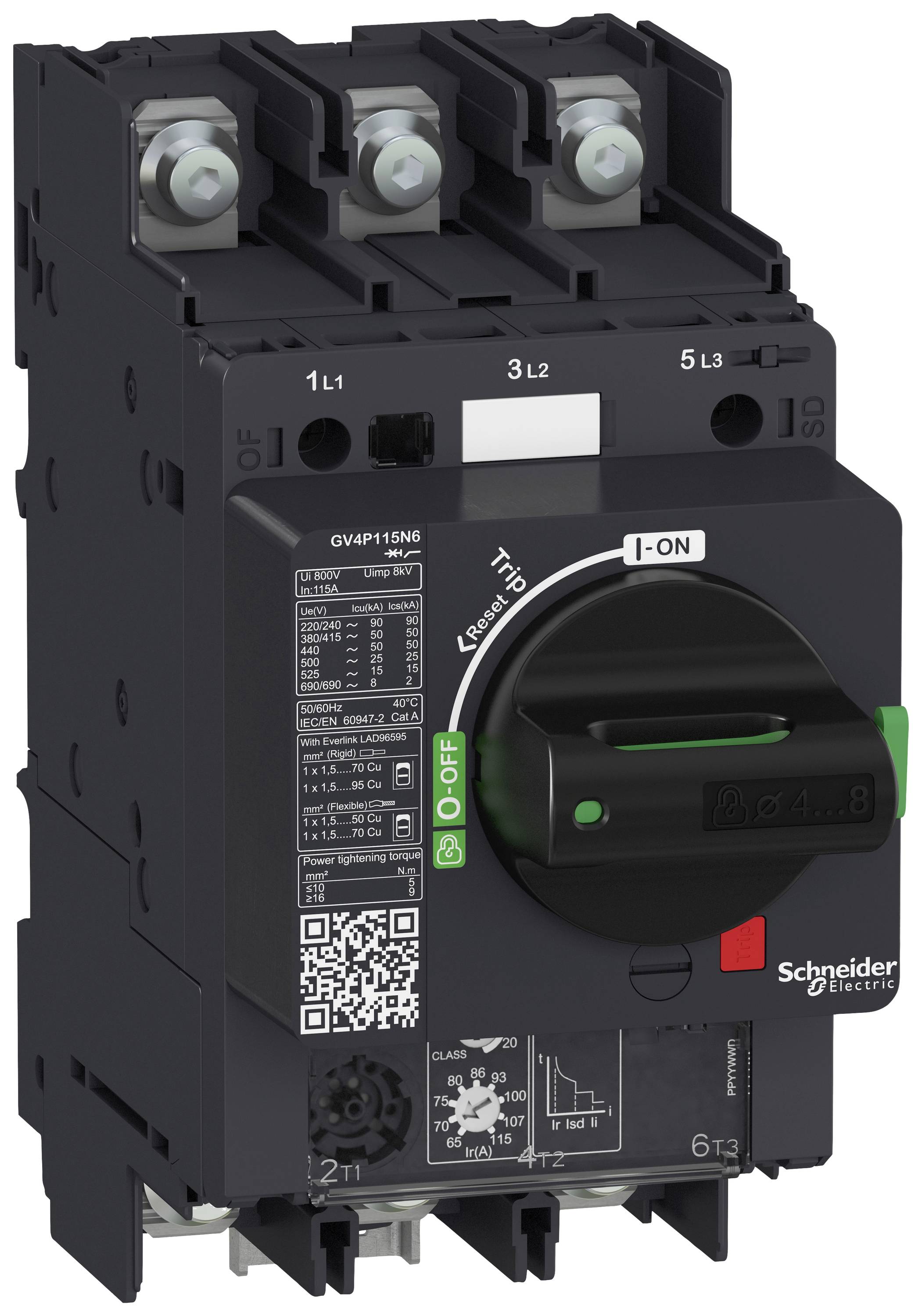 Černý výkonový vypínač od Schneider Electric se zelenou ovládací pákou pro zapnutí/vypnutí. Štítky a QR kód s informacemi o zařízení jsou viditelné.