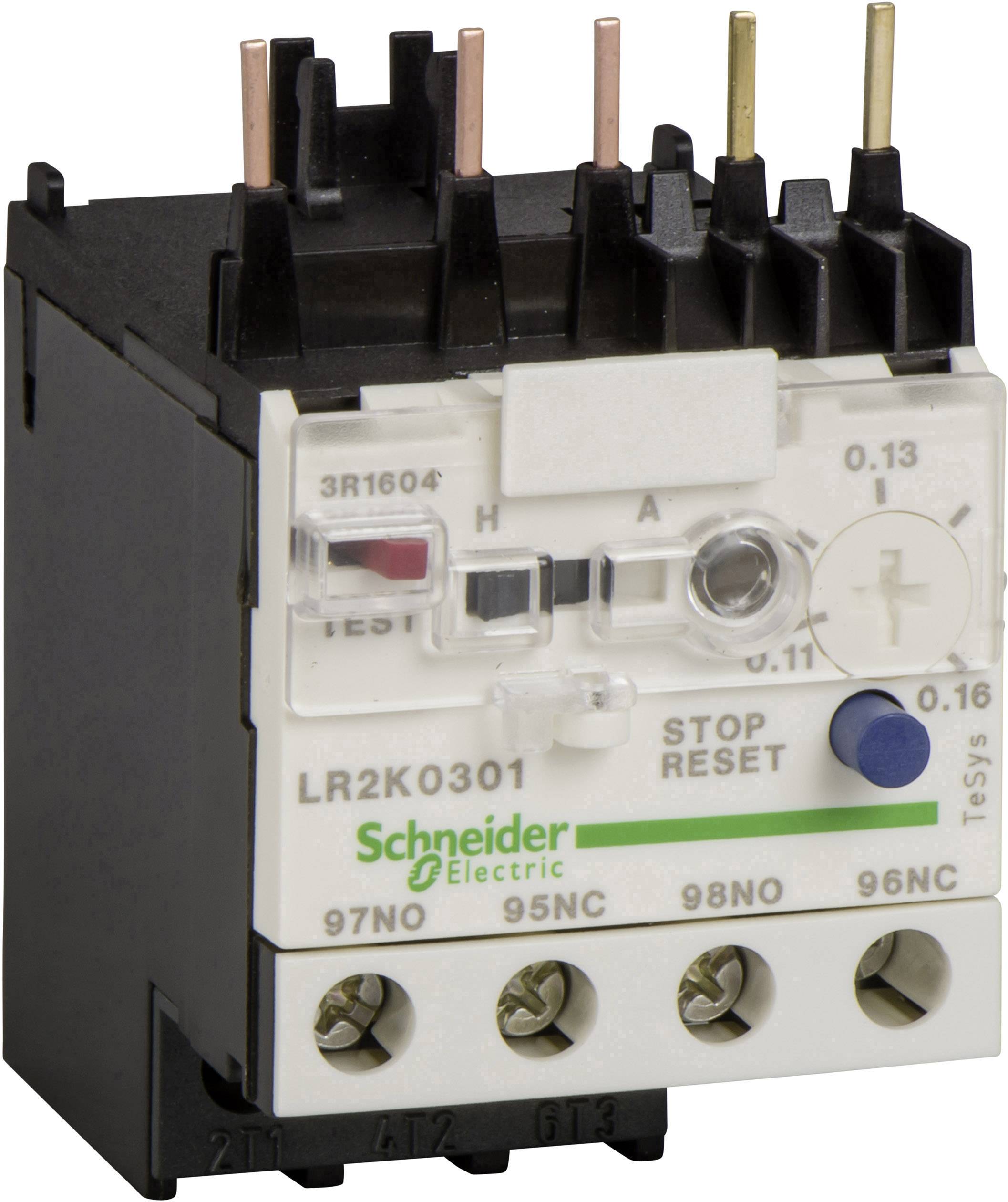 Tepelné nadproudové relé Schneider Electric s tlačítkem zapnutí, resetovacím tlačítkem a svorkami. Číslo modelu: LR2K0301.