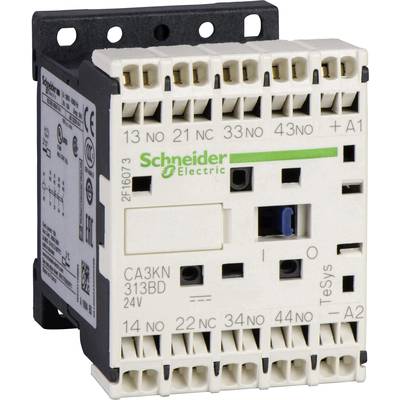 Bílý stykač značky Schneider Electric s několika připojovacími svorkami a bočním potiskem; model 'CA3KN 313BD 24V'.