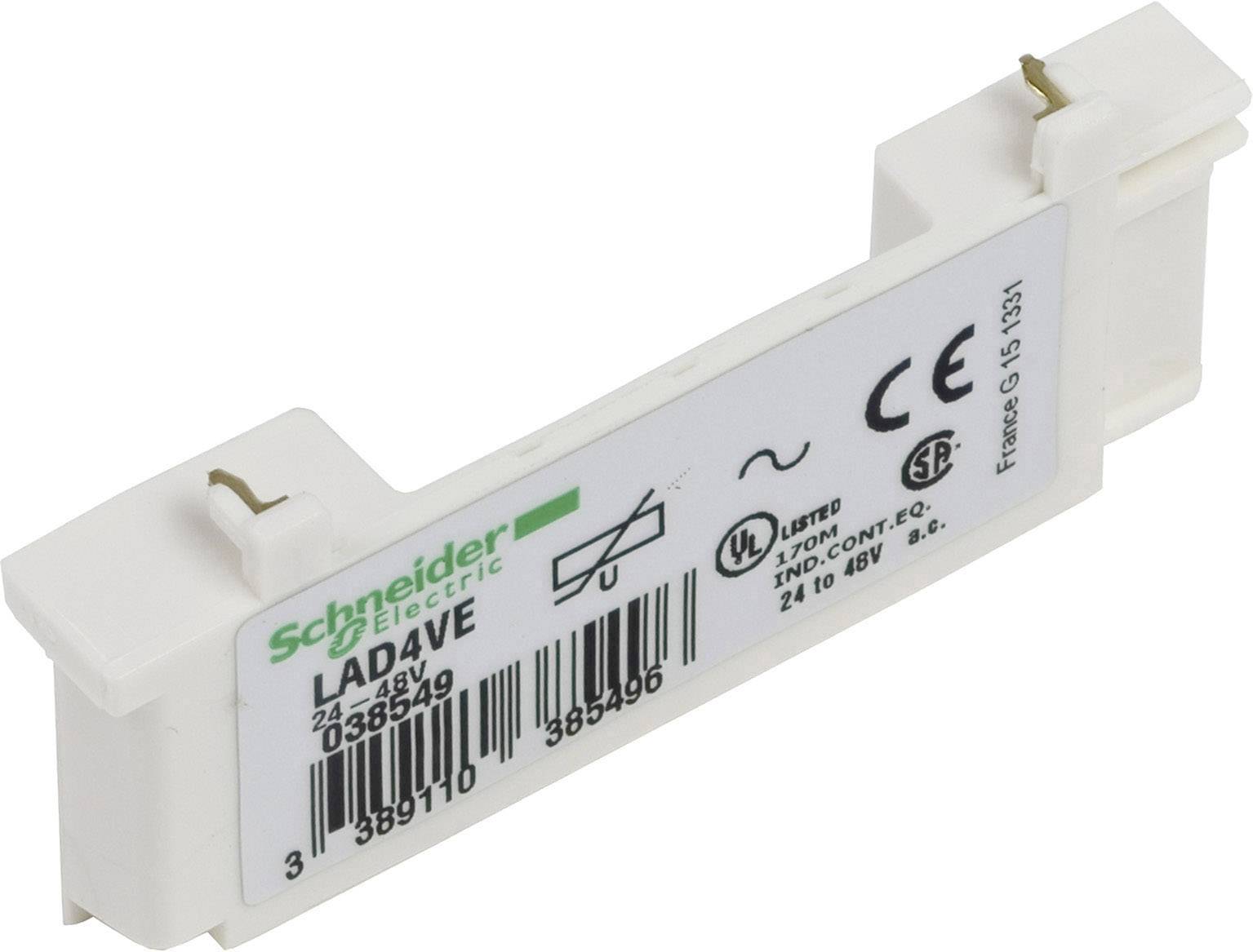 Bílý obdélníkový adaptér spínacího zařízení značky Schneider Electric s modelovým číslem LAD4VE. Na horní straně obsahuje elektrické specifikace a certifikační značky.
