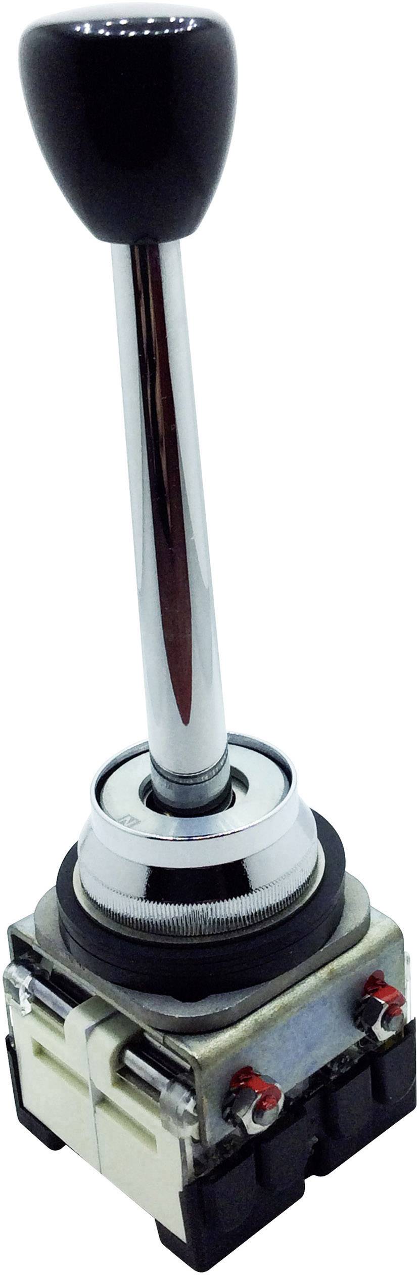 Černý joystick se stříbrnou pákou a bílou základnou, vhodný pro průmyslové řídicí aplikace.