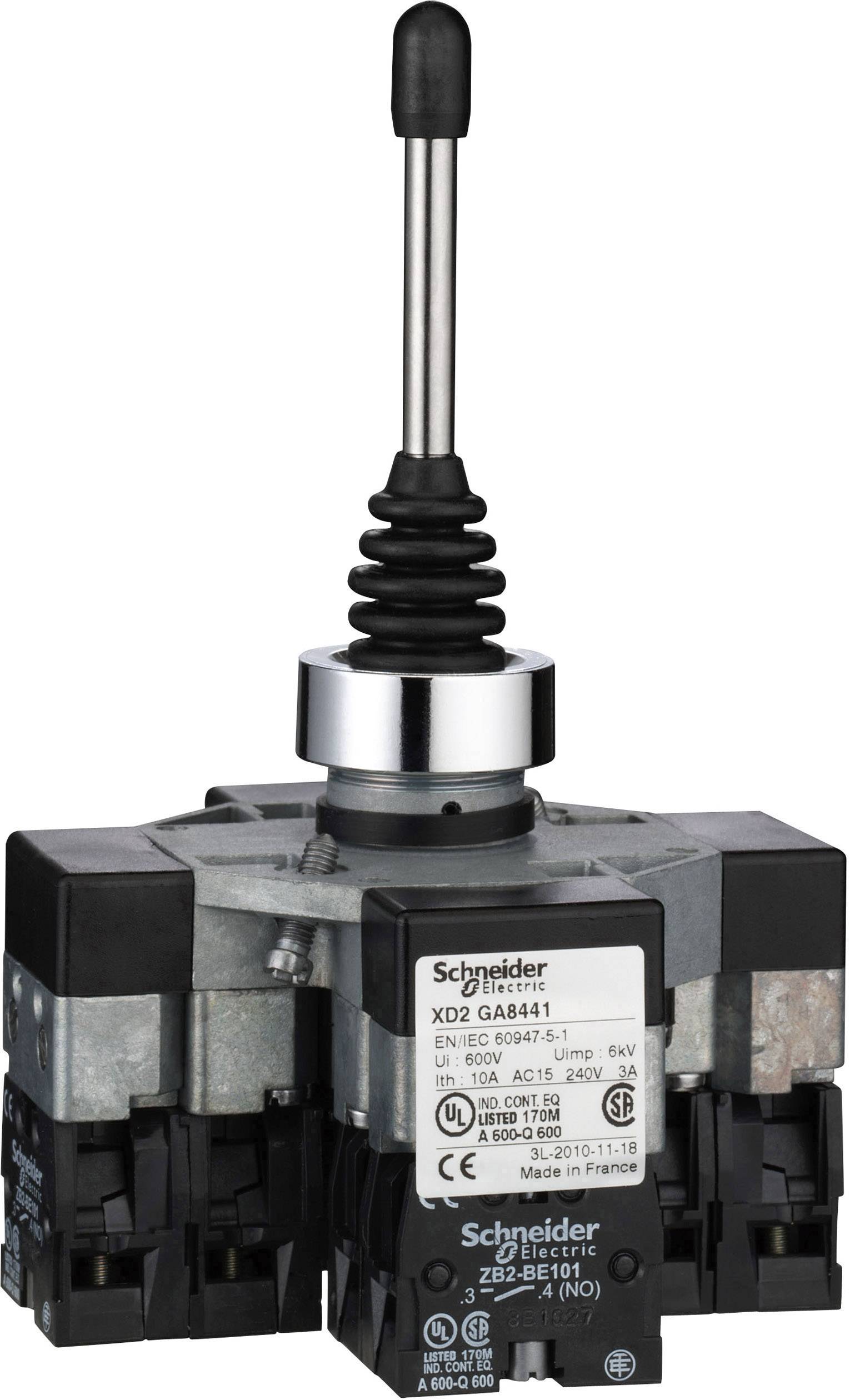 Joystick ovladač od Schneider Electric, model 'XD2GA8411', se čtyřmi polohovými spínači. Vhodný pro průmyslové řízení.