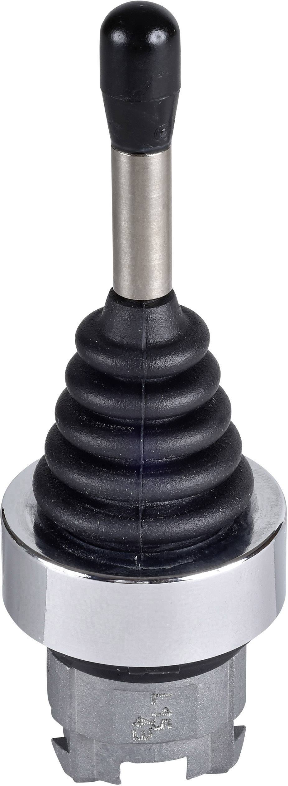 Černý a stříbrný joystick s vroubkovanou rukojetí a kulatou základnou, používaný pro ovládání strojů.