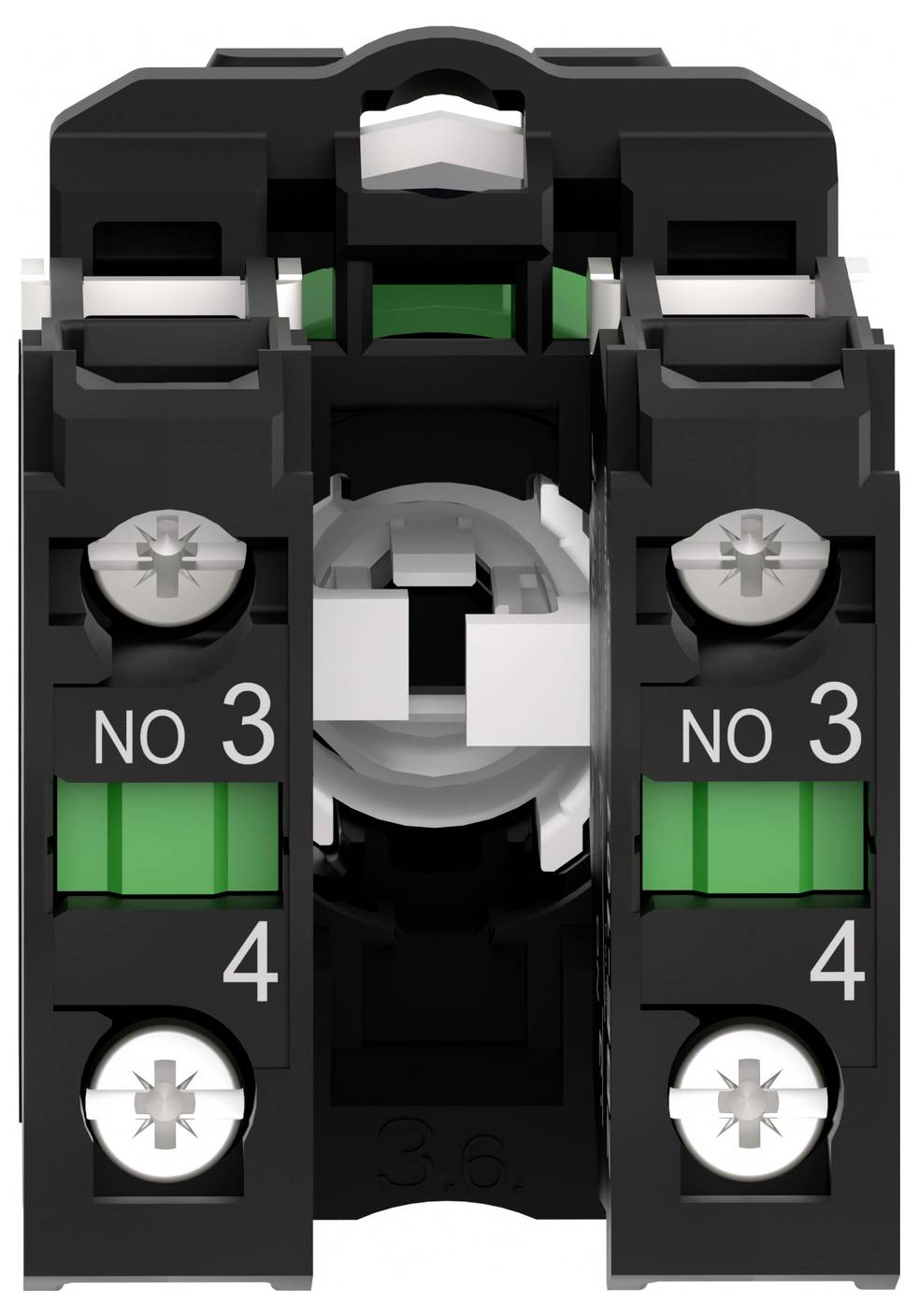 Čelní pohled na černý elektrický stykač se dvěma bočními svorkami označenými 'NO 3' a '4'.