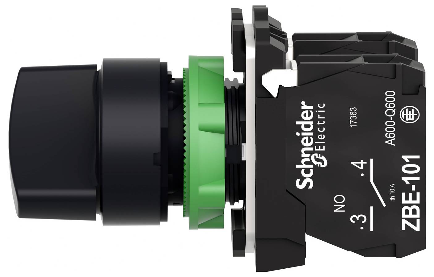 Boční pohled na tlačítko spínače Schneider Electric s označením "ZBE-101" a "A600-Q600", s černým ovladačem a zeleným upevňovacím kroužkem.