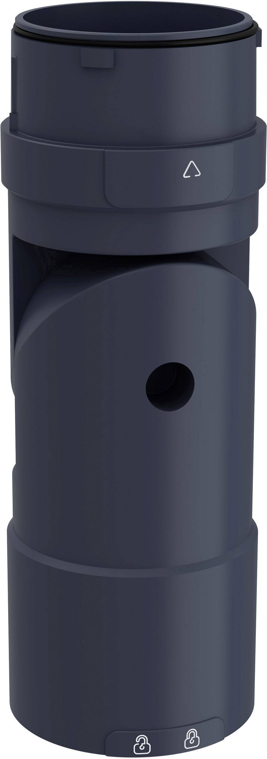 Tmavý, trubkovitý díl s malým otvorem a recyklačními symboly dole. Pravděpodobně součást vysavače nebo vzduchového filtru.