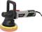 Elektrická excentrická bruska s černou rukojetí, černo-červeným krytem a kulatým brusným kotoučem.