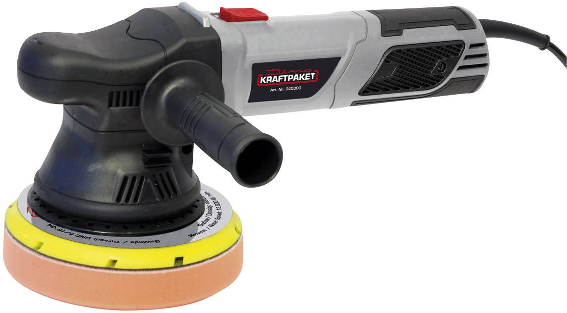 Elektrická bruska s šedou rukojetí a oranžovým brusným kotoučem. Na krytu je napsán model 'Kraftpaket'.