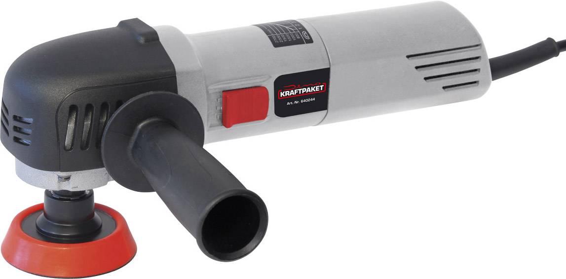 Elektrická úhlová bruska s dlouhou rukojetí a červeným spínačem, vhodná pro broušení a řezání.