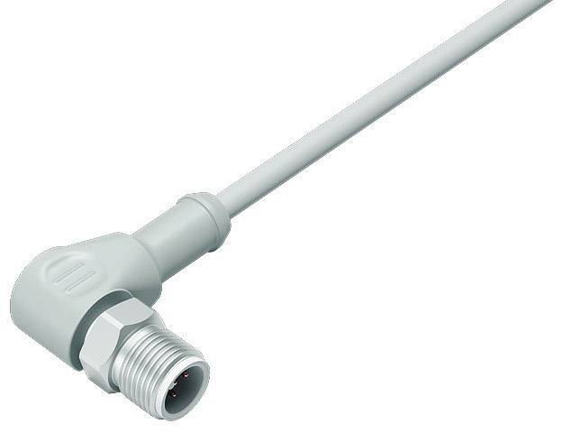 Šedý pravoúhlý propojovací kabel s závitovým konektorem, používaný pro elektronické připojení.