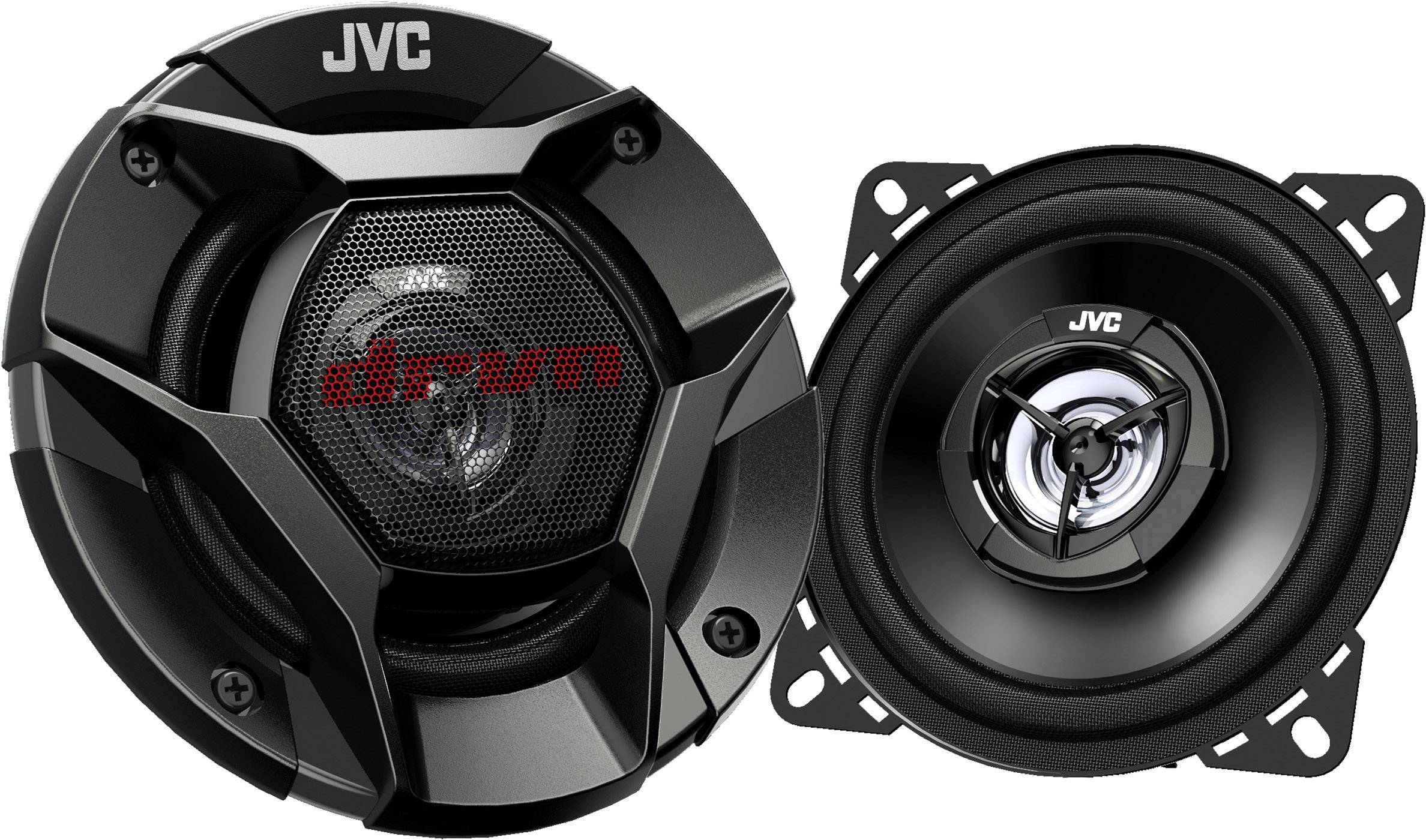 Dva černé reproduktory JVC s červenými akcenty, jeden zobrazený čelně, druhý z boku, vhodné pro autorádia.