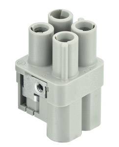 Šedý elektrický konektor se čtyřmi kulatými zásuvkovými otvory, vhodný pro vedení kabelů nebo instalaci.