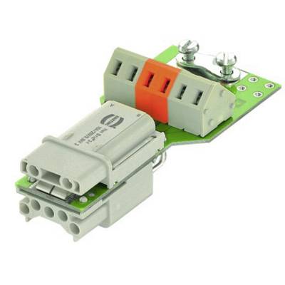 Elektronická součástka se zelenou deskou plošných spojů, šedou zástrčkou a oranžovým zajišťovacím mechanismem. Nahoře dva upevňovací šrouby.