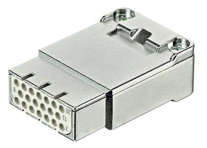 Stříbrný konektor s obdélníkovým pouzdrem a několika kulatými vstupy, vhodný pro průmyslové nebo elektronické připojení.