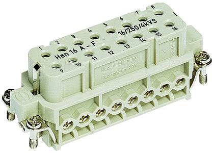 'Zásuvkový konektor, Han 16A, 16-pólový, 6mm; Vyrobeno v Německu; Typ: 16/250/4kV3; Šroubové svorky a upevňovací šrouby viditelné.'