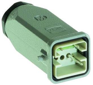 Zelený elektrický konektor s obdélníkovým pouzdrem a kontaktními kolíky, vhodný pro průmyslové aplikace.