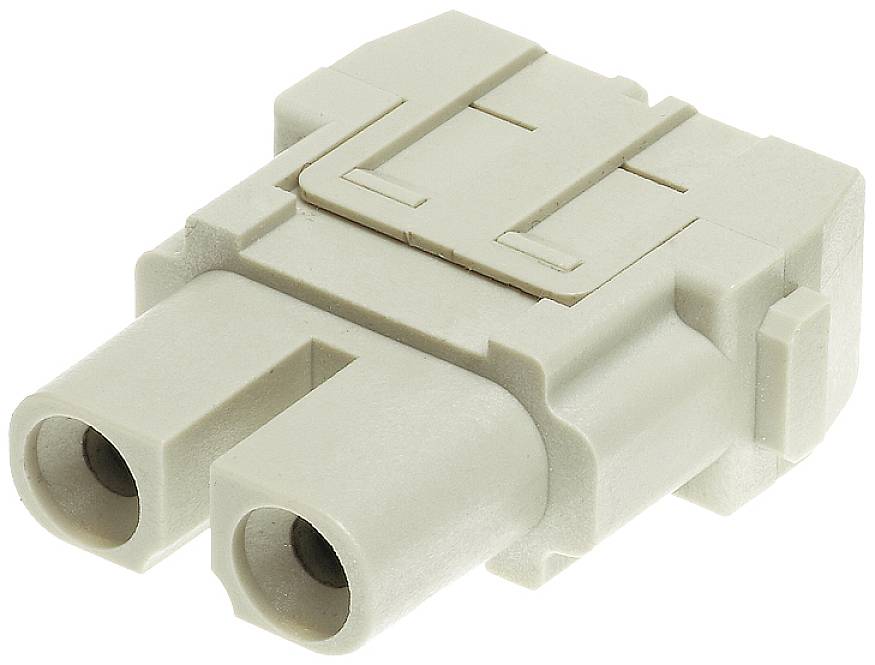 Šedý elektrický konektor se dvěma kulatými zásuvkami.