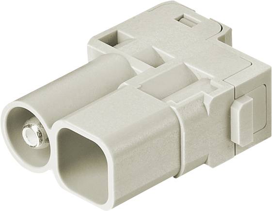 Šedý obdélníkový elektrický konektor se dvěma kolíky umístěnými vedle sebe. Vhodný pro elektronické propojení.