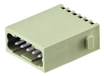 Zelený plastový konektor s několika kovovými piny na bílém pozadí. Vhodný pro elektronické připojení a propojení.
