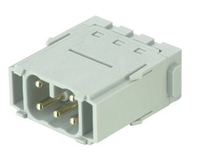 Šedý elektrický konektor se třemi zlatými kolíky. Vhodný pro průmyslové aplikace k bezpečnému propojení.